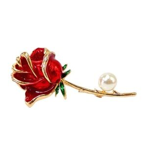 Red rose brooch pin with red enamel, white pearl and a gold stem fashion pin New